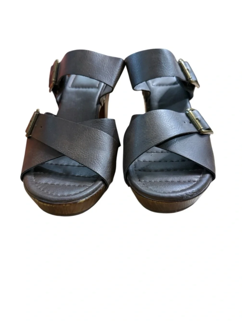 White Mountain Women’s Brown Faux Leather Buckle Heeled Clog Sandals Size 7.5